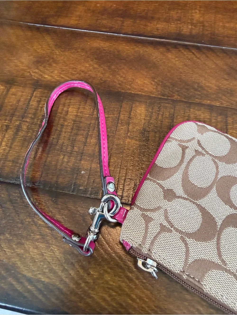 Coach Beige Signature Canvas Wristlet with Pink Trim